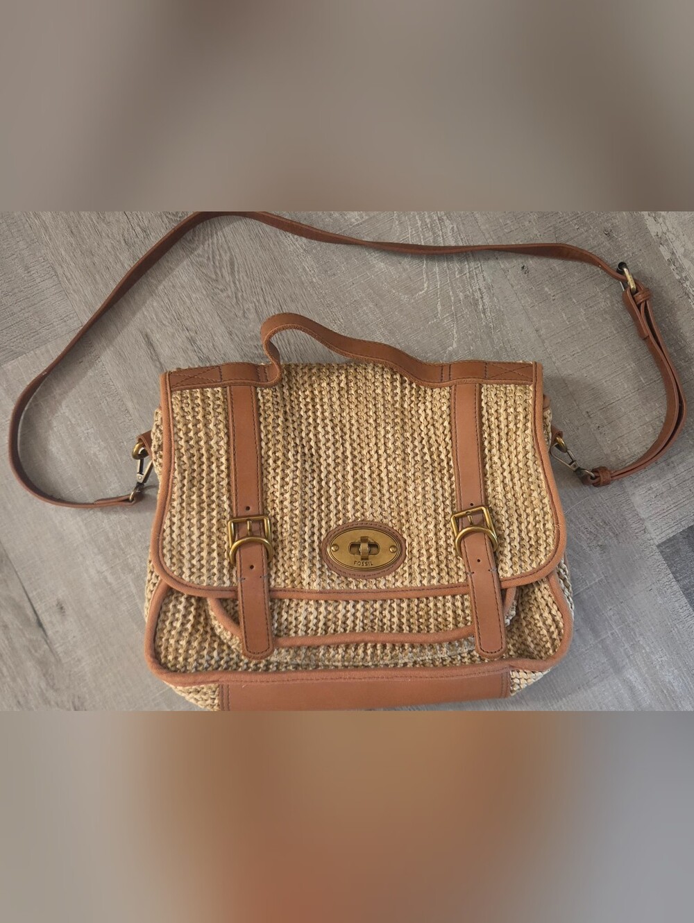 Fossil Straw Leather Messenger Bag Turn Lock Crossbody Vintage Boho